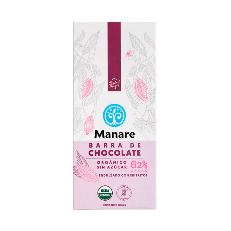 CHOCOLATE 62% CACAO ORGANICO SIN AZUCAR 100 GR MANARE