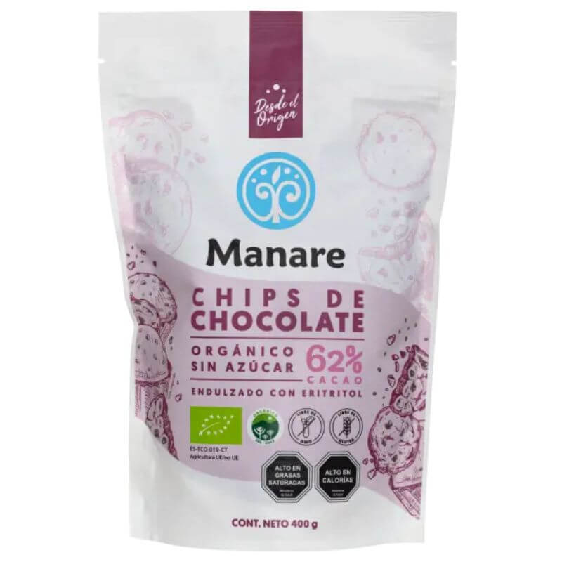 CHIPS DE CHOCOLATE 62% ORGANICO SIN AZUCAR 400 GR MANARE