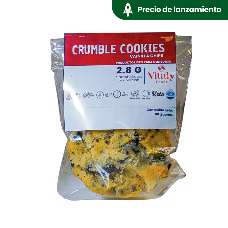 Crumble cookies vainilla chips 60 g (galletas keto, sin azúcar, sin gluten)