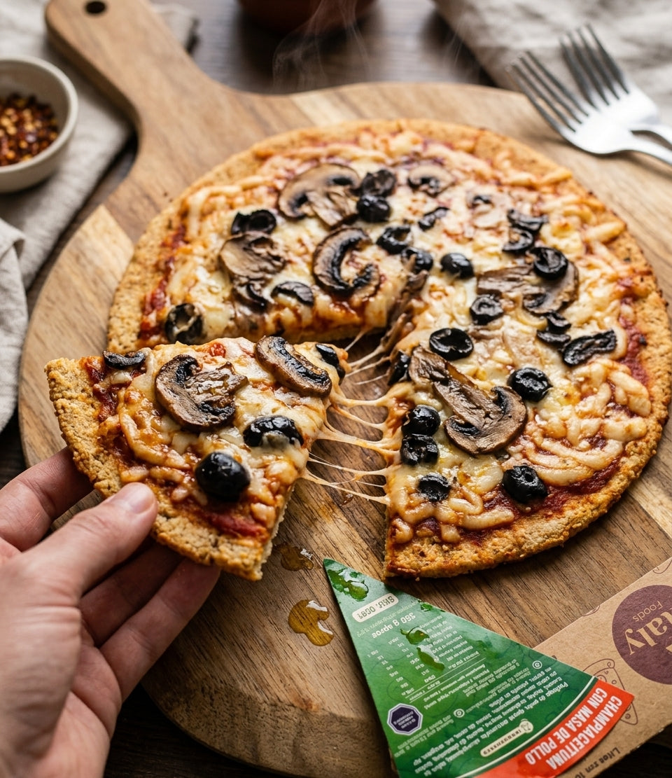 Pizza keto con champiñones y aceitunas masa de harina de almendras