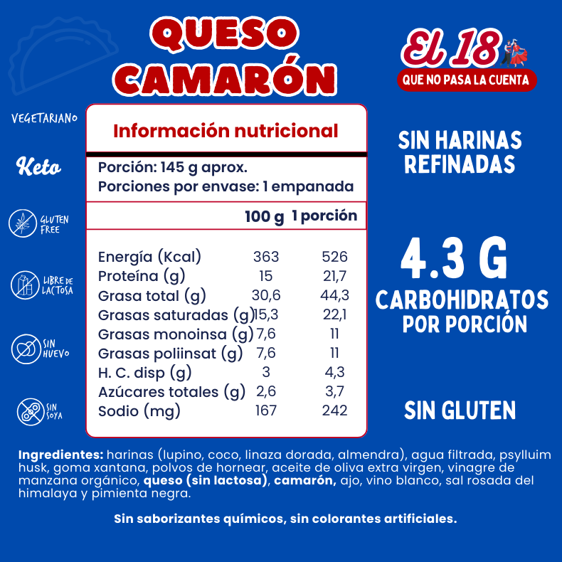 Empanada queso camarón dieciochera (keto, sin gluten y sin lactosa) 1 unidad