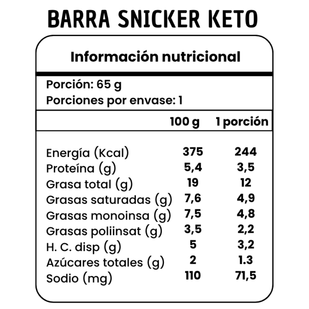 Barrita snicker 65 g sin azúcar, keto y sin gluten