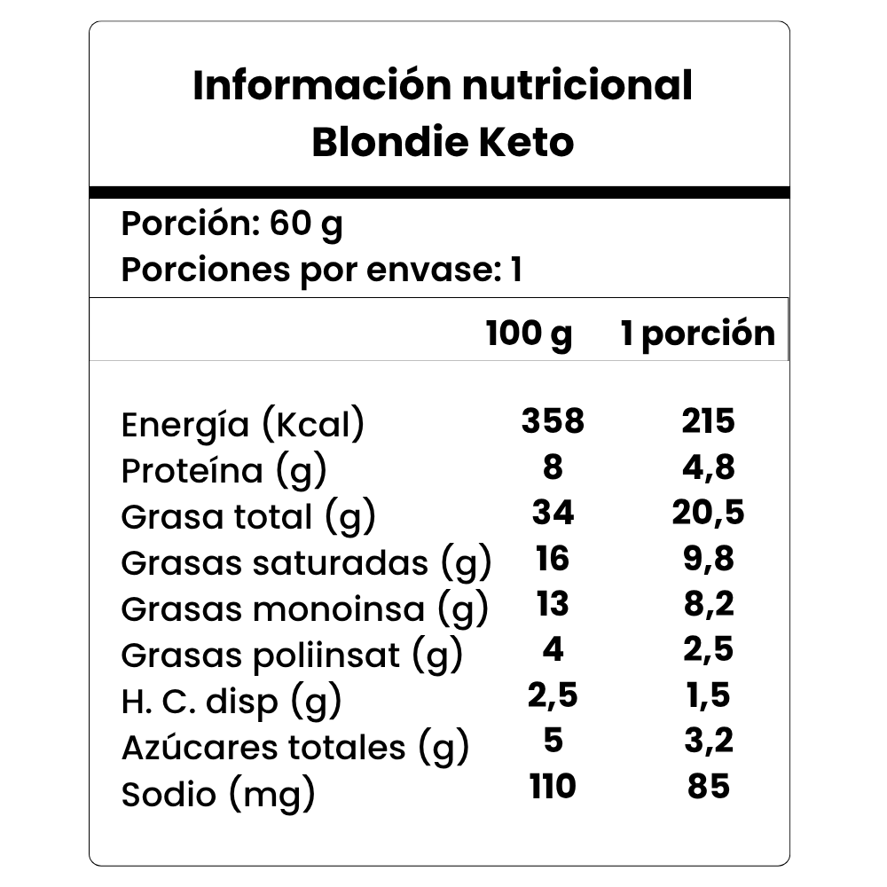 Blondie keto 60 g sin azúcar, sin gluten